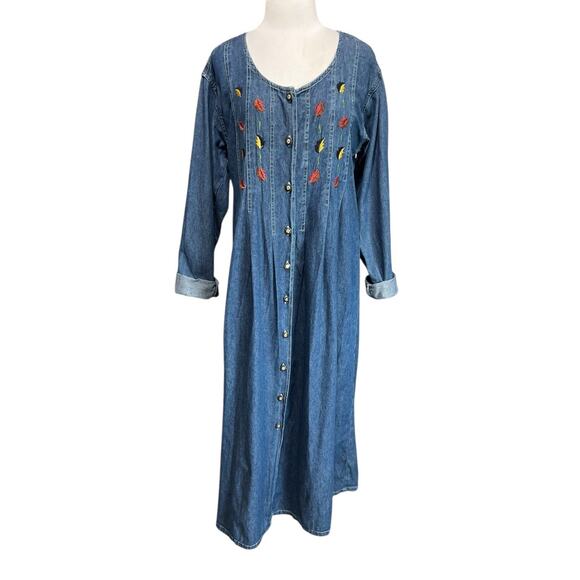 Jane Ashley Fall Leaf Long Sleeve Denim Blue Jean Maxi Dress Button Up 2X - Picture 1 of 6